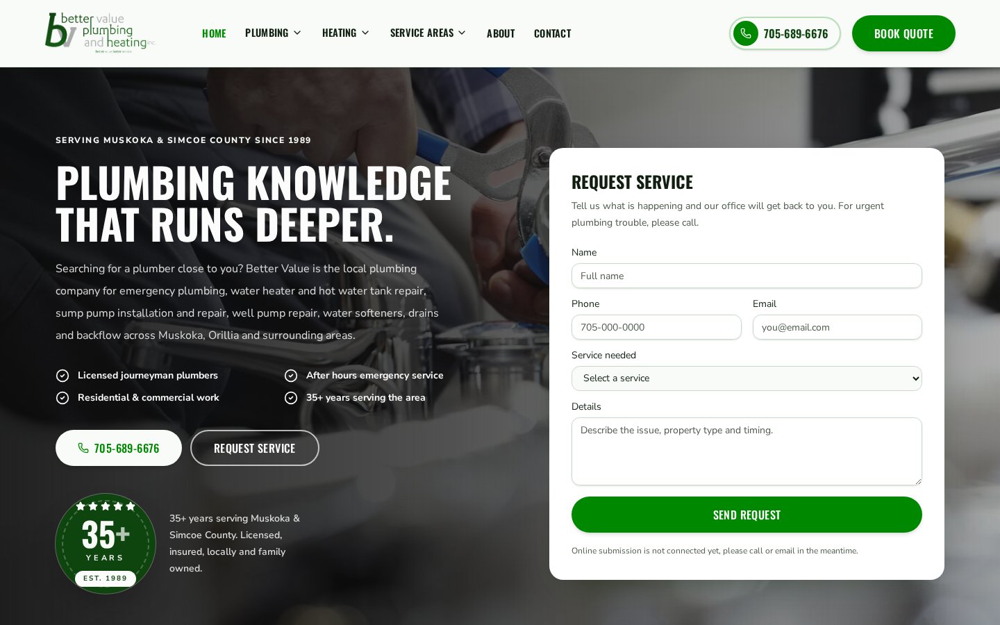After: new AI powered Smart Website for Better Value Plumbing & Heating, a home service business in Muskoka and Simcoe County, Ontario